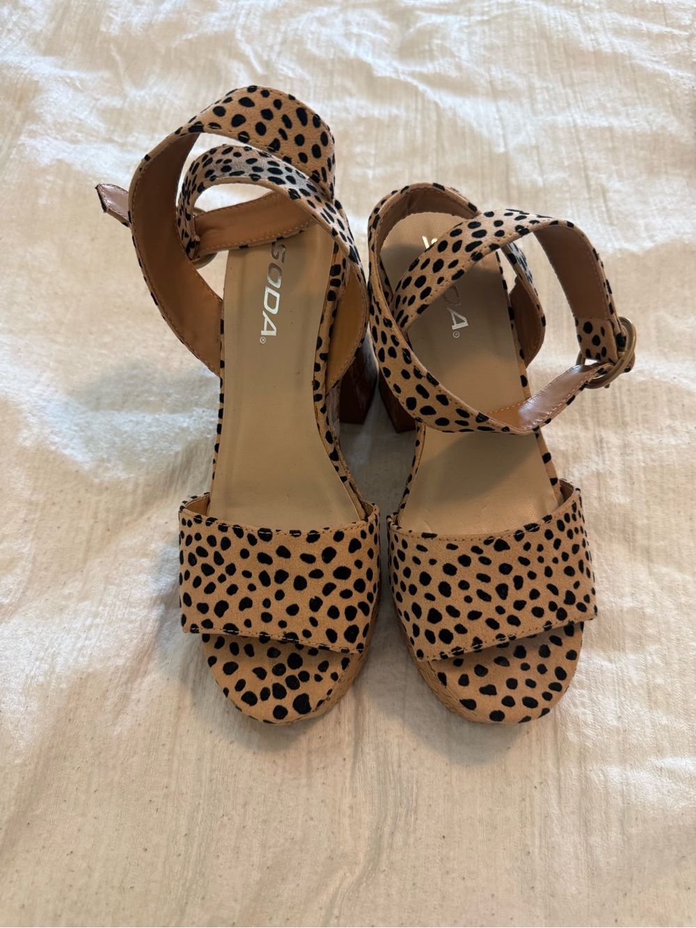 Soda Tan and Black Spotted Block Heel Sandals